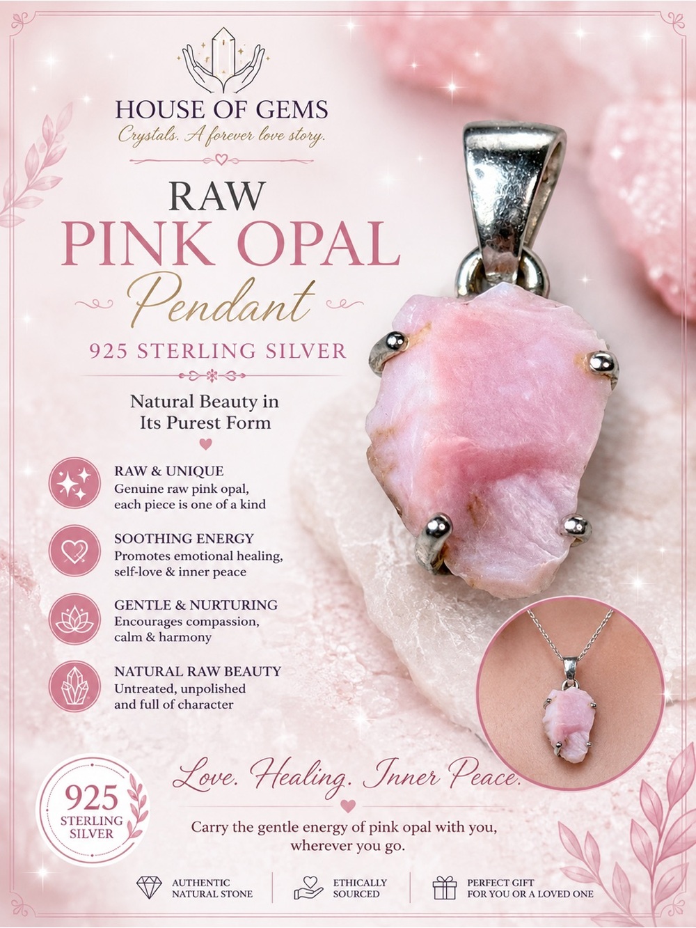 Raw Pink Opal Pendant in 925 Sterling Silver